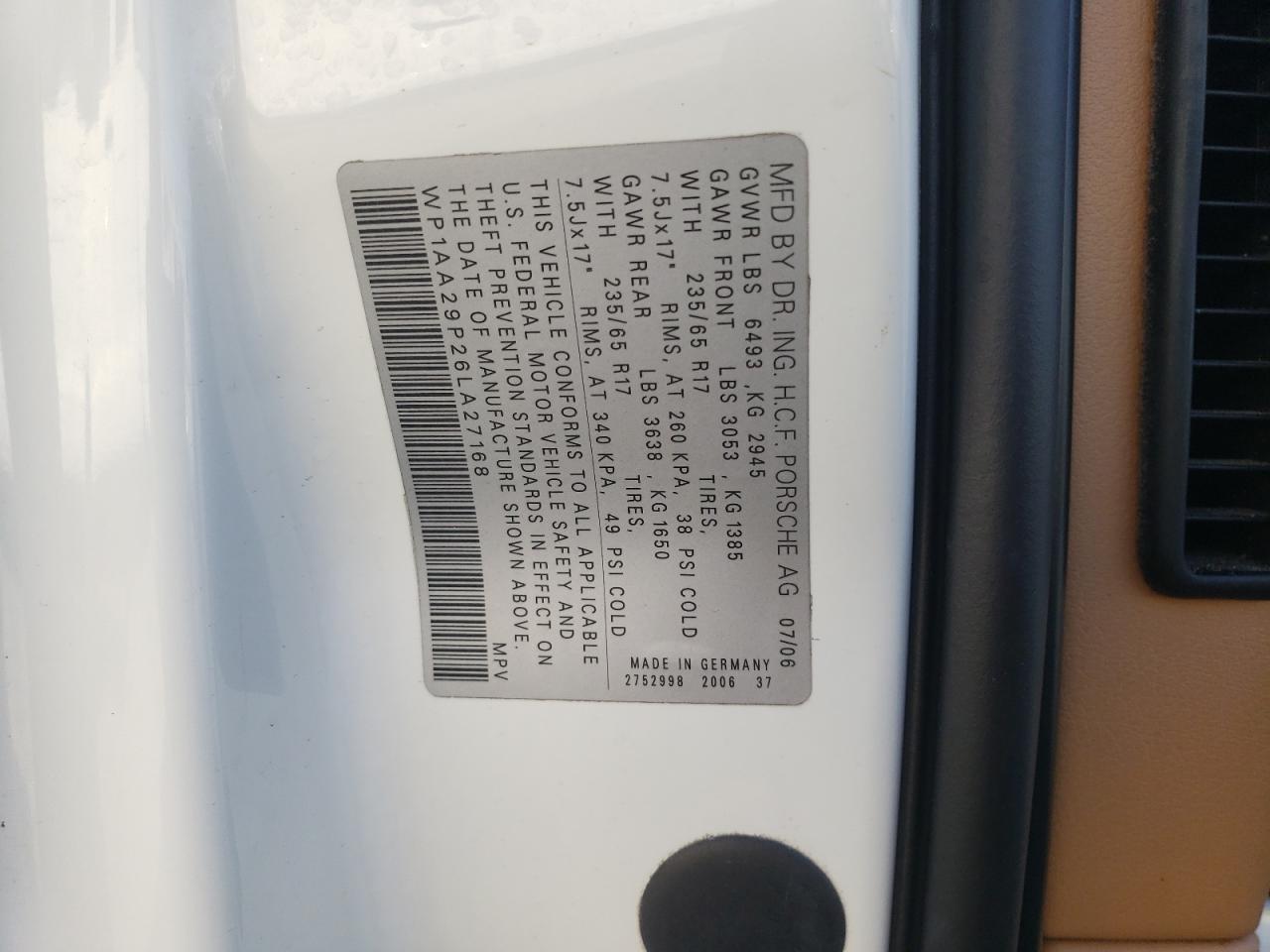 2006 Porsche Cayenne VIN: WP1AA29P26LA27168 Lot: 90925605