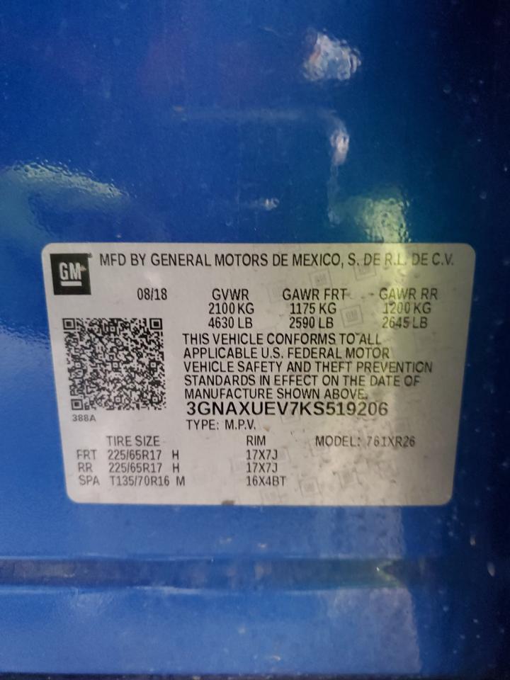 2019 Chevrolet Equinox Lt VIN: 3GNAXUEV7KS519206 Lot: 89482875