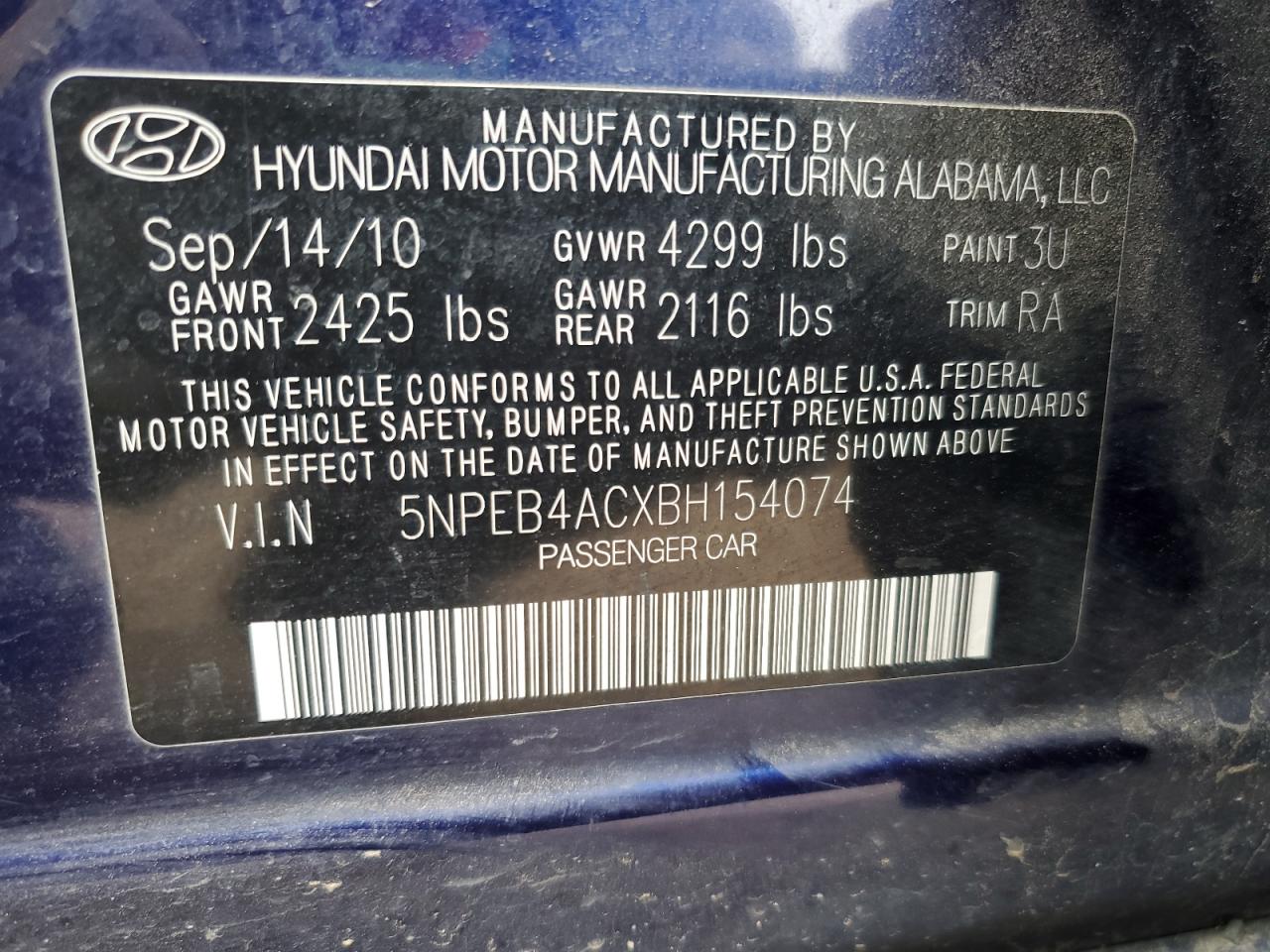 2011 Hyundai Sonata Gls VIN: 5NPEB4ACXBH154074 Lot: 84958625