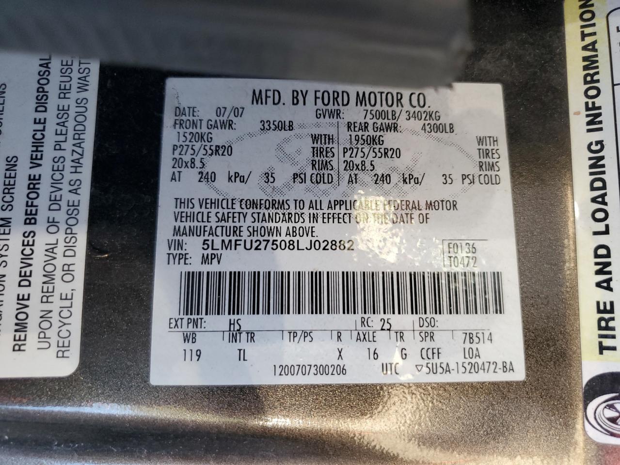 2008 Lincoln Navigator VIN: 5LMFU27508LJ02882 Lot: 86698145