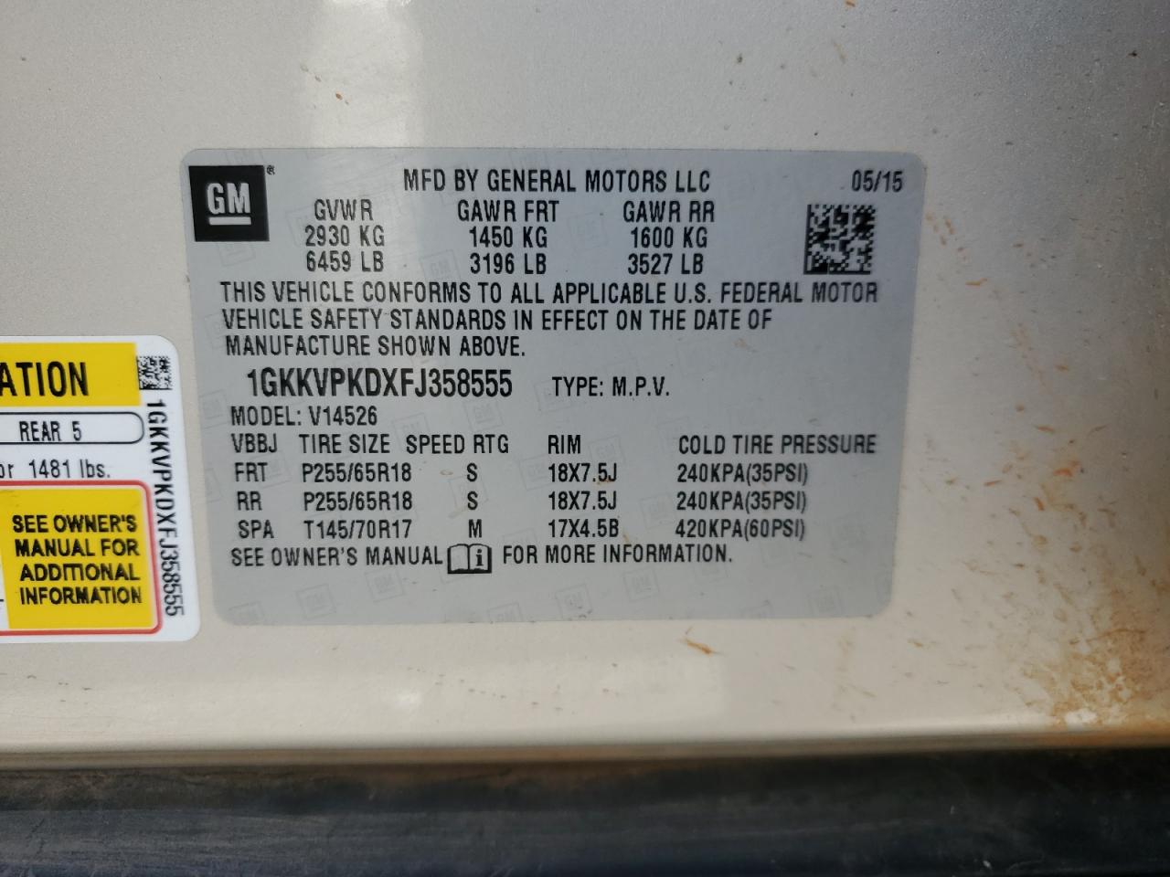 2015 GMC Acadia Sle VIN: 1GKKVPKDXFJ358555 Lot: 84898455