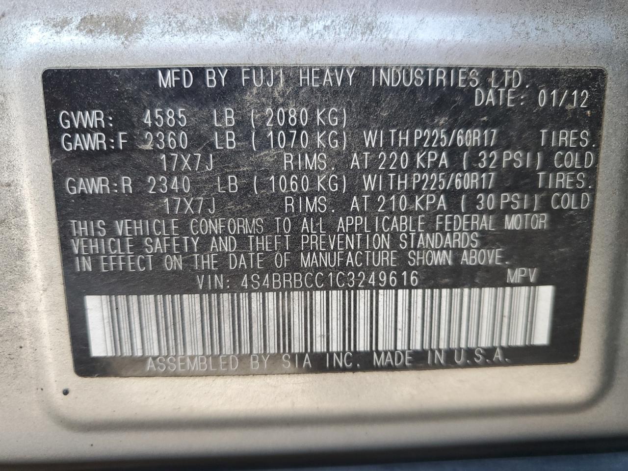 2012 Subaru Outback 2.5I Premium VIN: 4S4BRBCC1C3249616 Lot: 82644085