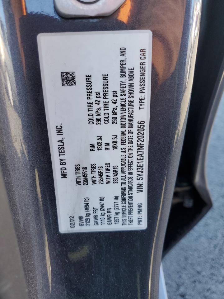 2022 Tesla Model 3 VIN: 5YJ3E1EA7NF202056 Lot: 89513845