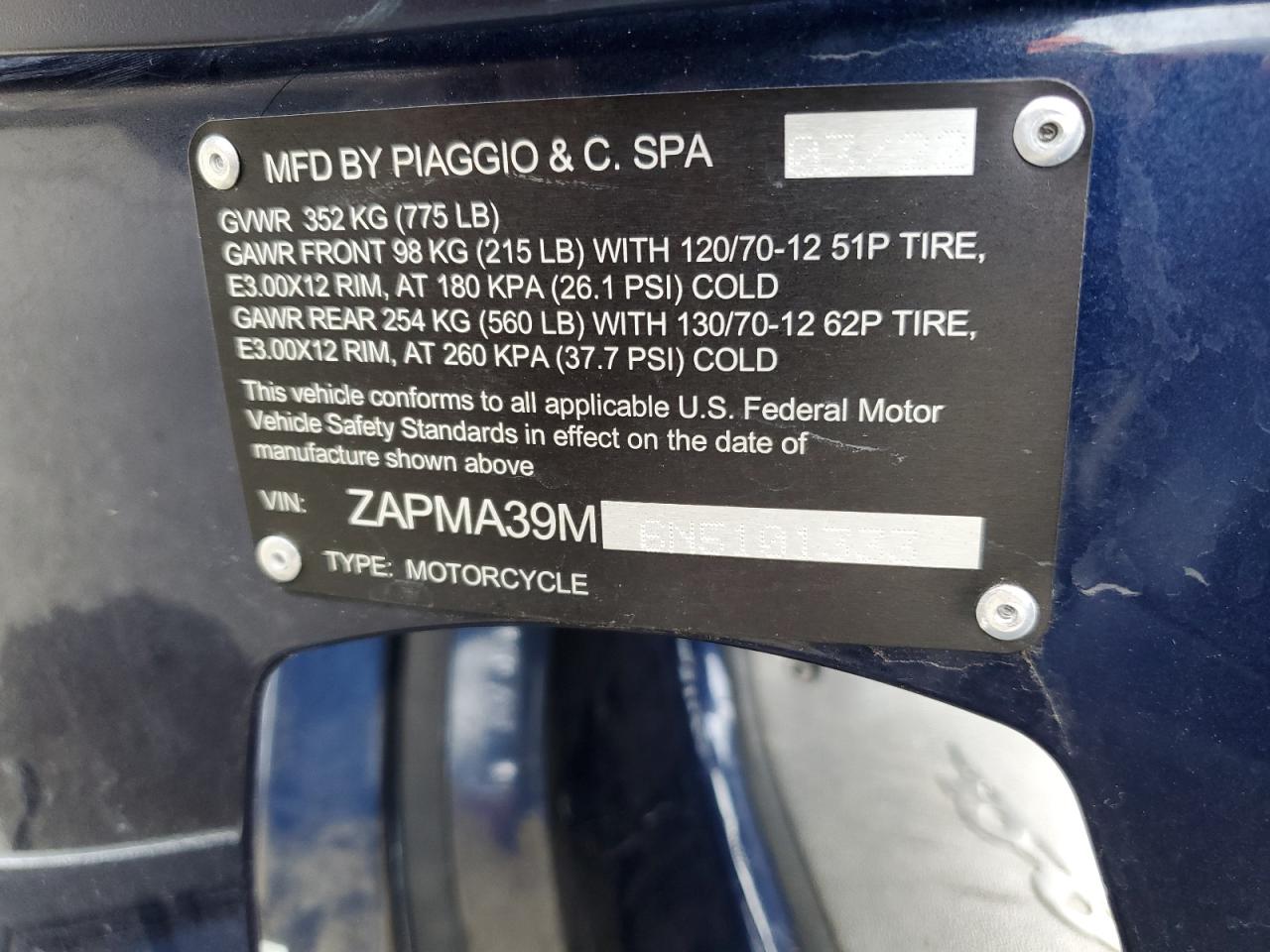 2022 Vespa Gts 300 VIN: ZAPMA39M6N5101333 Lot: 84954795