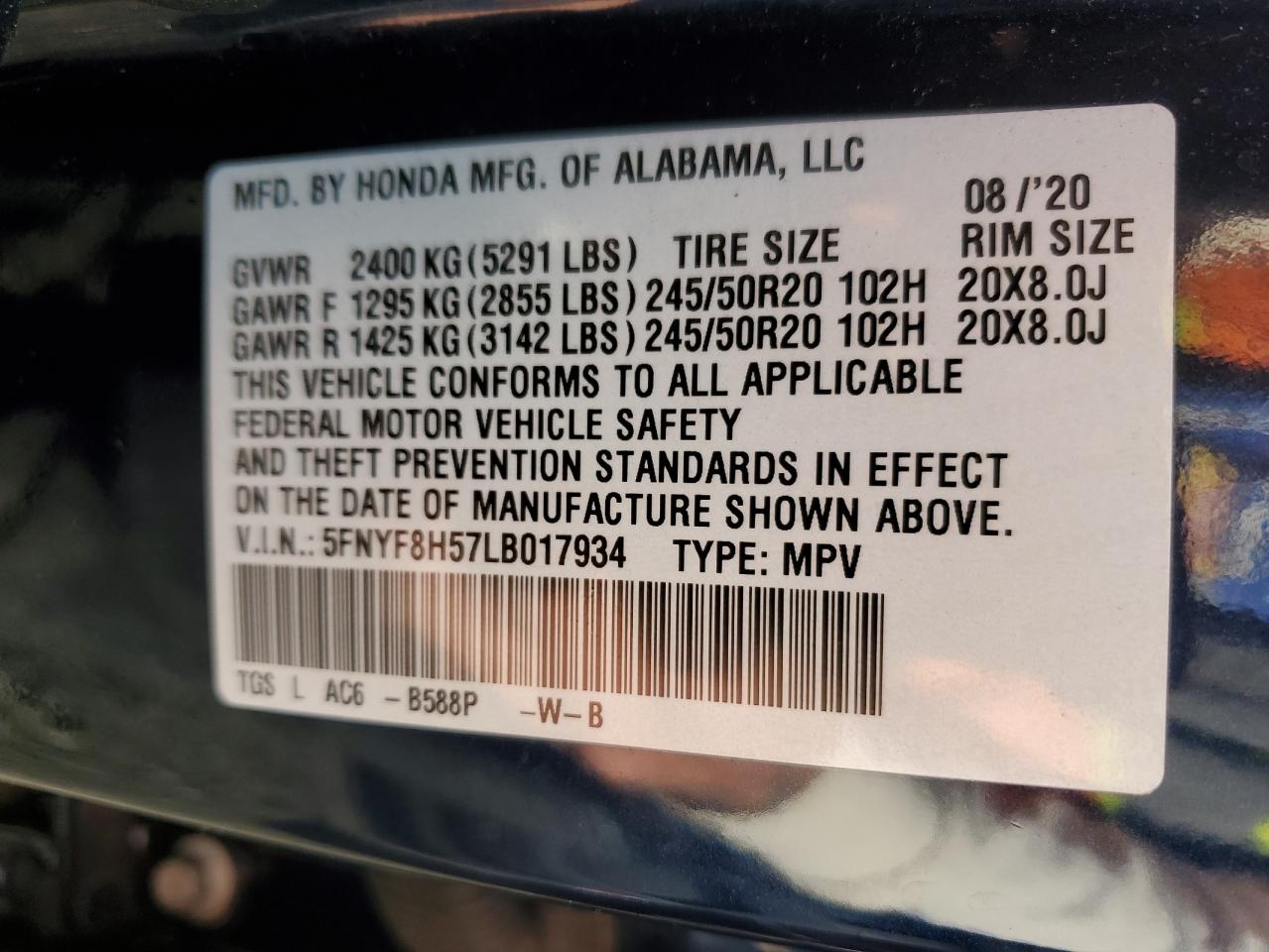 2020 Honda Passport Exl VIN: 5FNYF8H57LB017934 Lot: 89866415