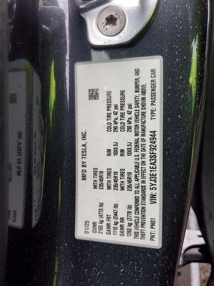 2025 Tesla Model 3 VIN: 5YJ3E1EA3SF924944 Lot: 91075335