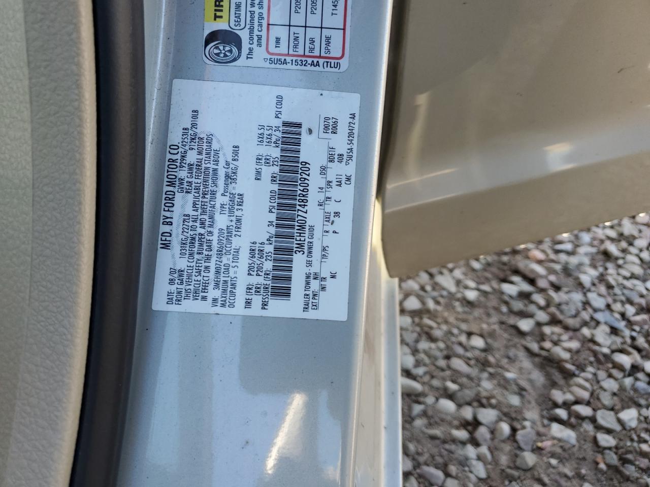 2008 Mercury Milan VIN: 3MEHM07Z48R609209 Lot: 85814665