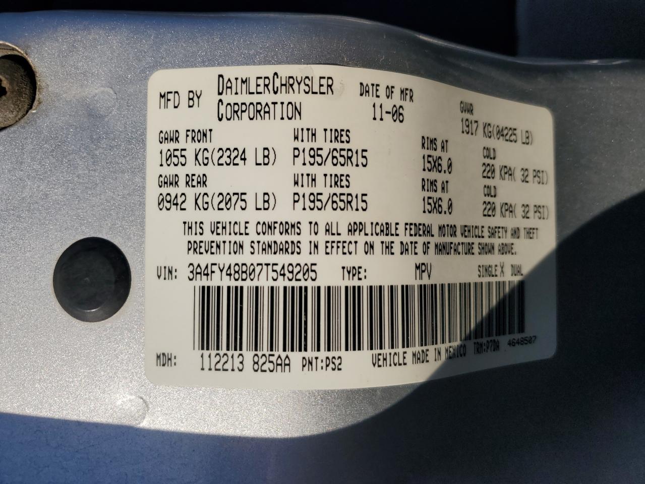 2007 Chrysler Pt Cruiser VIN: 3A4FY48B07T549205 Lot: 85574665