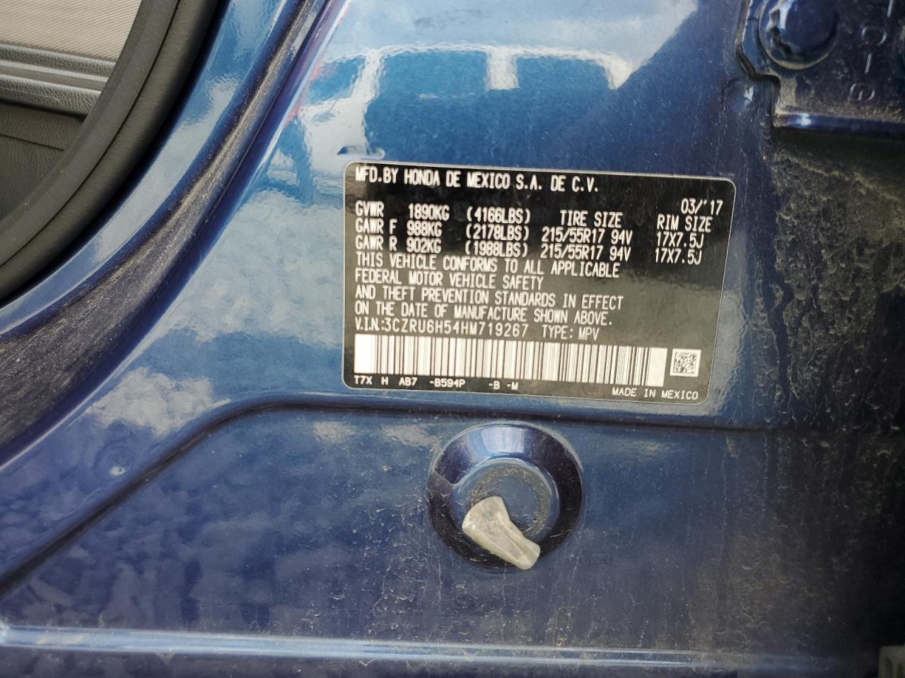 2017 Honda Hr-V Ex VIN: 3CZRU6H54HM719267 Lot: 85261395