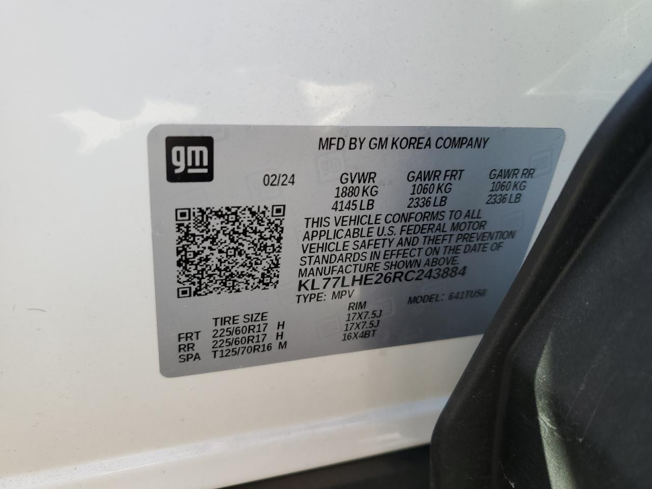 2024 Chevrolet Trax 1Lt VIN: KL77LHE26RC243884 Lot: 85012905