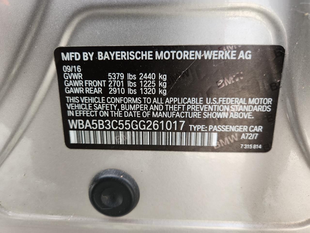 2016 BMW 535 Xi VIN: WBA5B3C55GG261017 Lot: 85112875