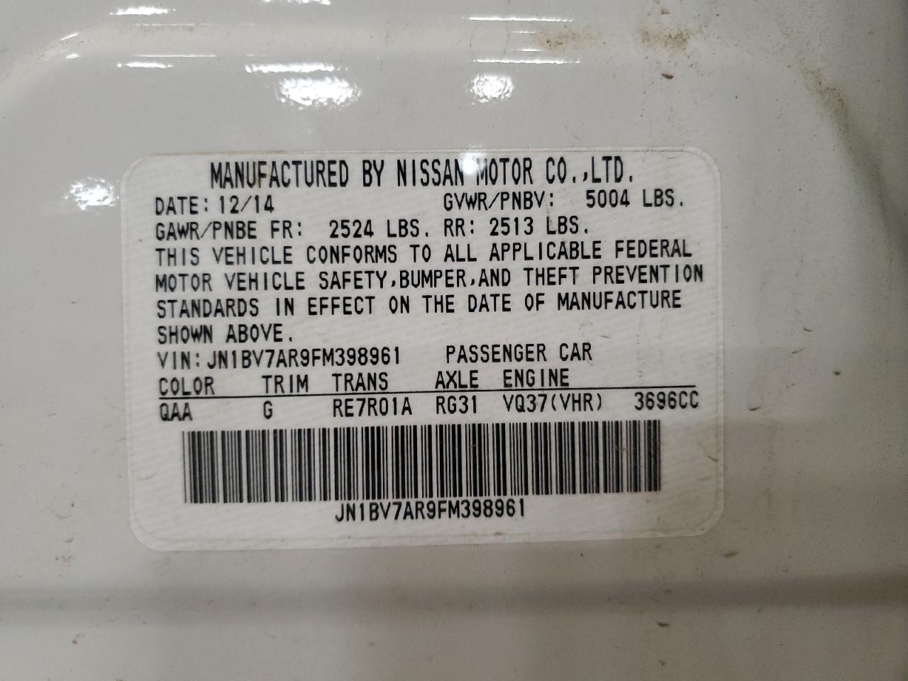 2015 Infiniti Q50 Base VIN: JN1BV7AR9FM398961 Lot: 89480695