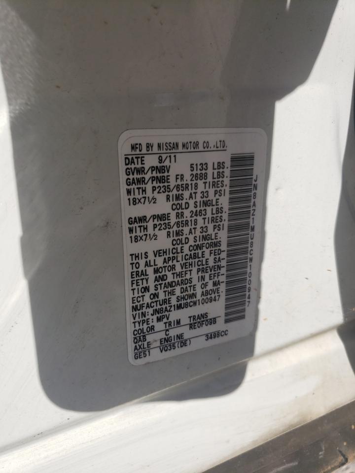 2012 Nissan Murano S VIN: JN8AZ1MU8CW100947 Lot: 84790835