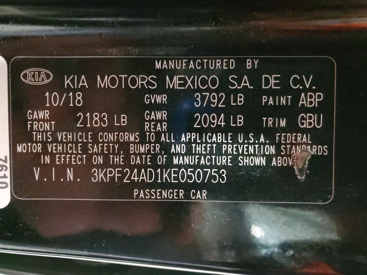 2019 Kia Forte Fe VIN: 3KPF24AD1KE050753 Lot: 85737685