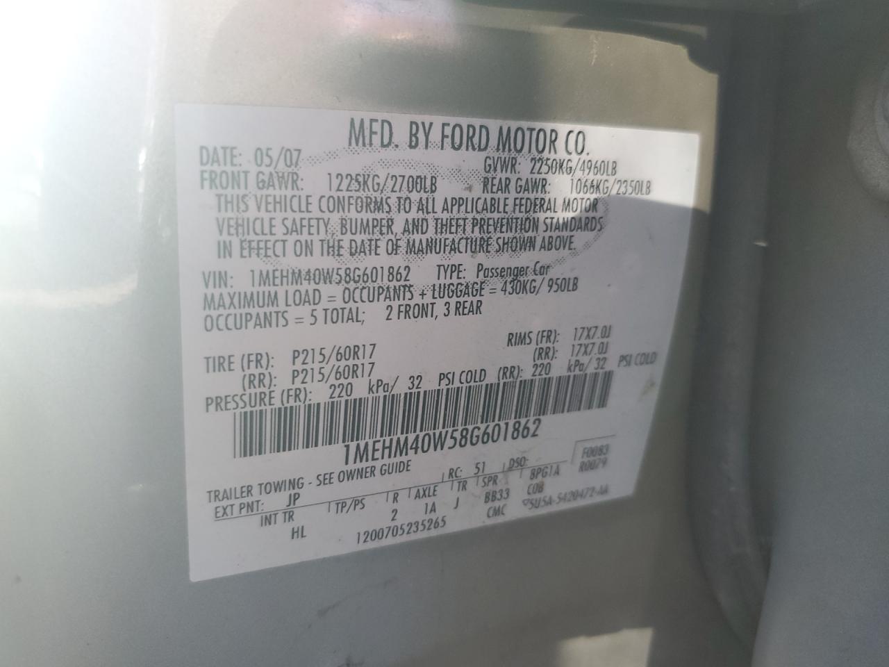 2008 Mercury Sable Luxury VIN: 1MEHM40W58G601862 Lot: 85537145