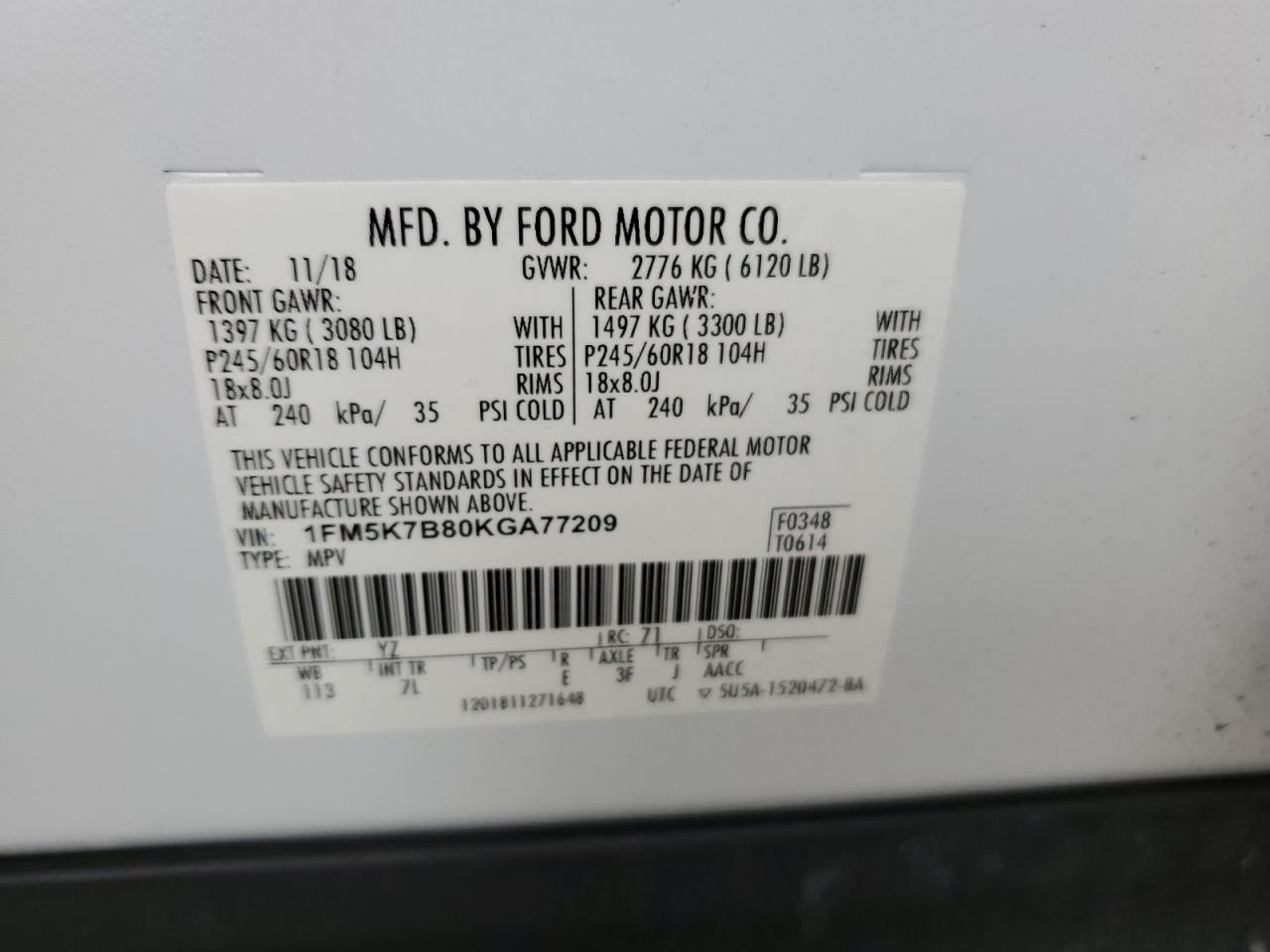 2019 Ford Explorer VIN: 1FM5K7B80KGA77209 Lot: 85913305