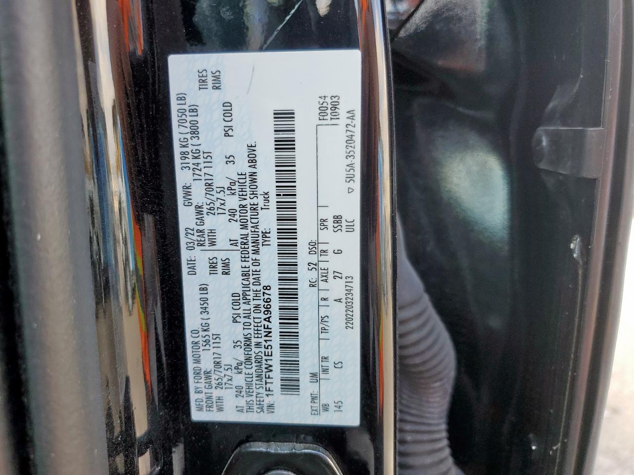 2022 Ford F150 Supercrew VIN: 1FTFW1E51NFA96678 Lot: 90333265