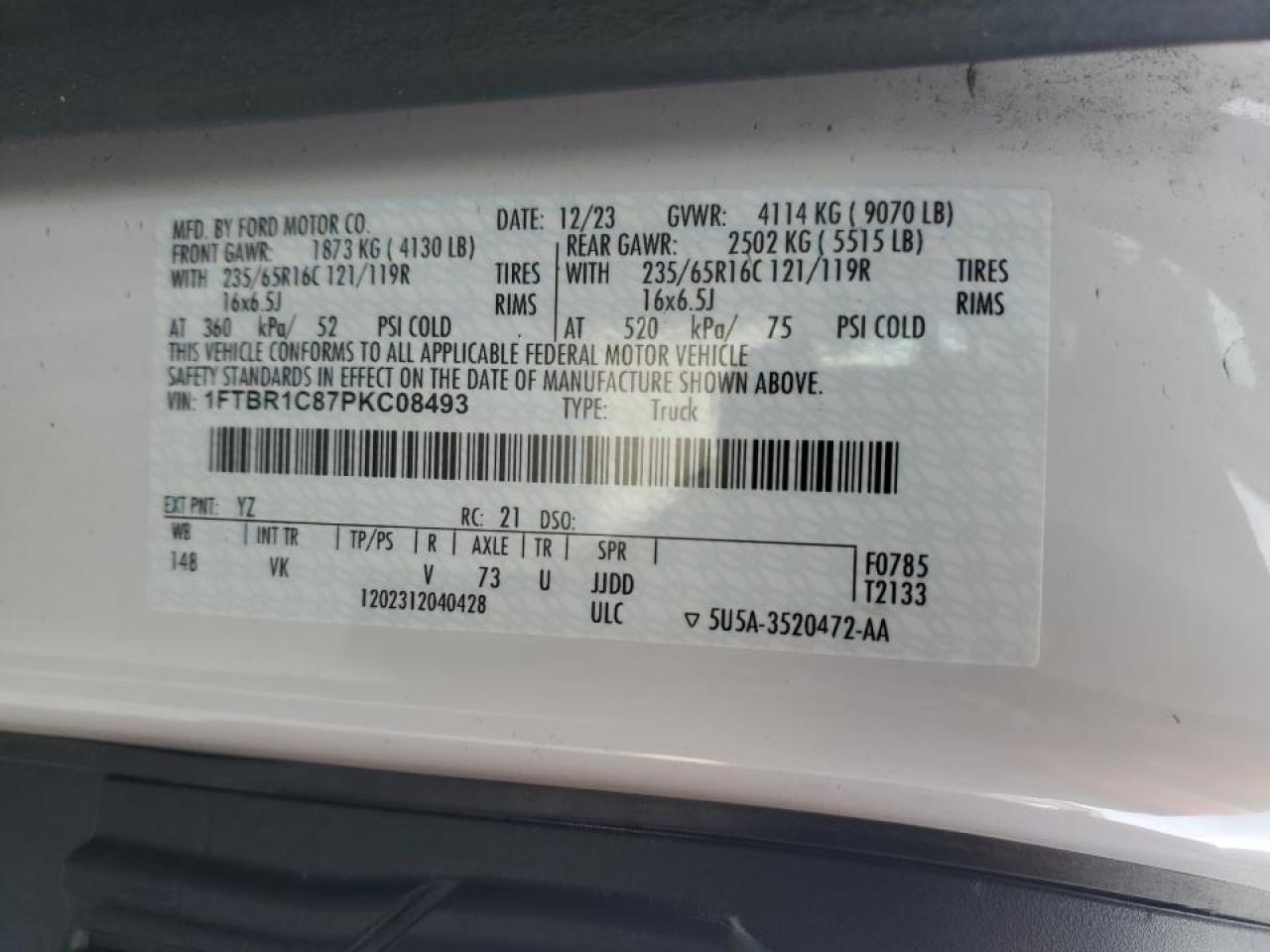 2023 Ford Transit Delivery Van VIN: 1FTBR1C87PKC08493 Lot: 89819575