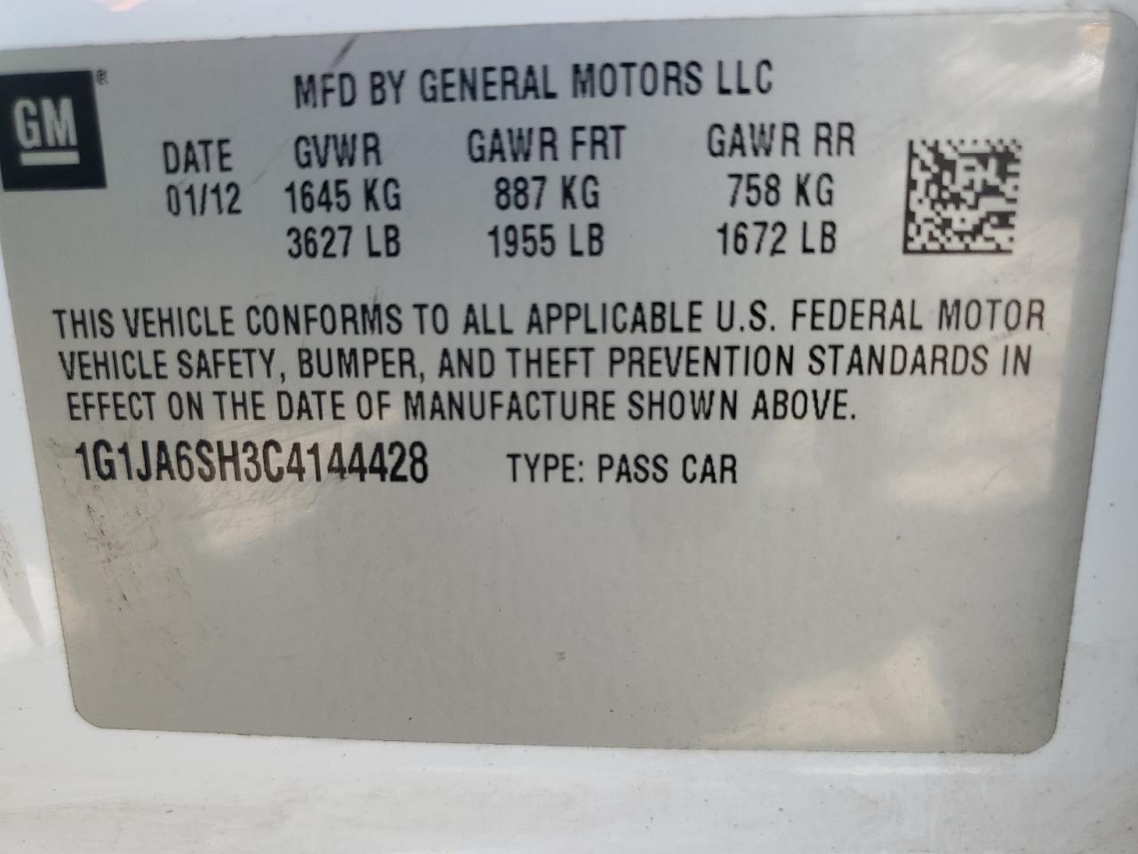 2012 Chevrolet Sonic Ls VIN: 1G1JA6SH3C4144428 Lot: 84388345