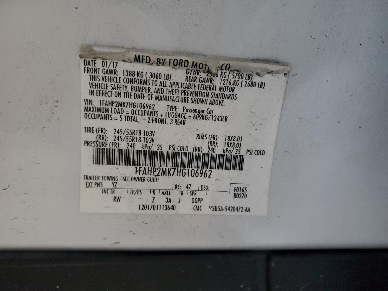 2017 Ford Taurus Police Interceptor VIN: 1FAHP2MK7HG106962 Lot: 89451585