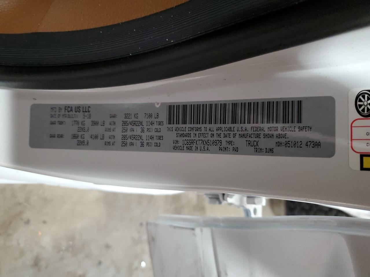 2019 Ram 1500 Longhorn VIN: 1C6SRFKT7KN510979 Lot: 90312425