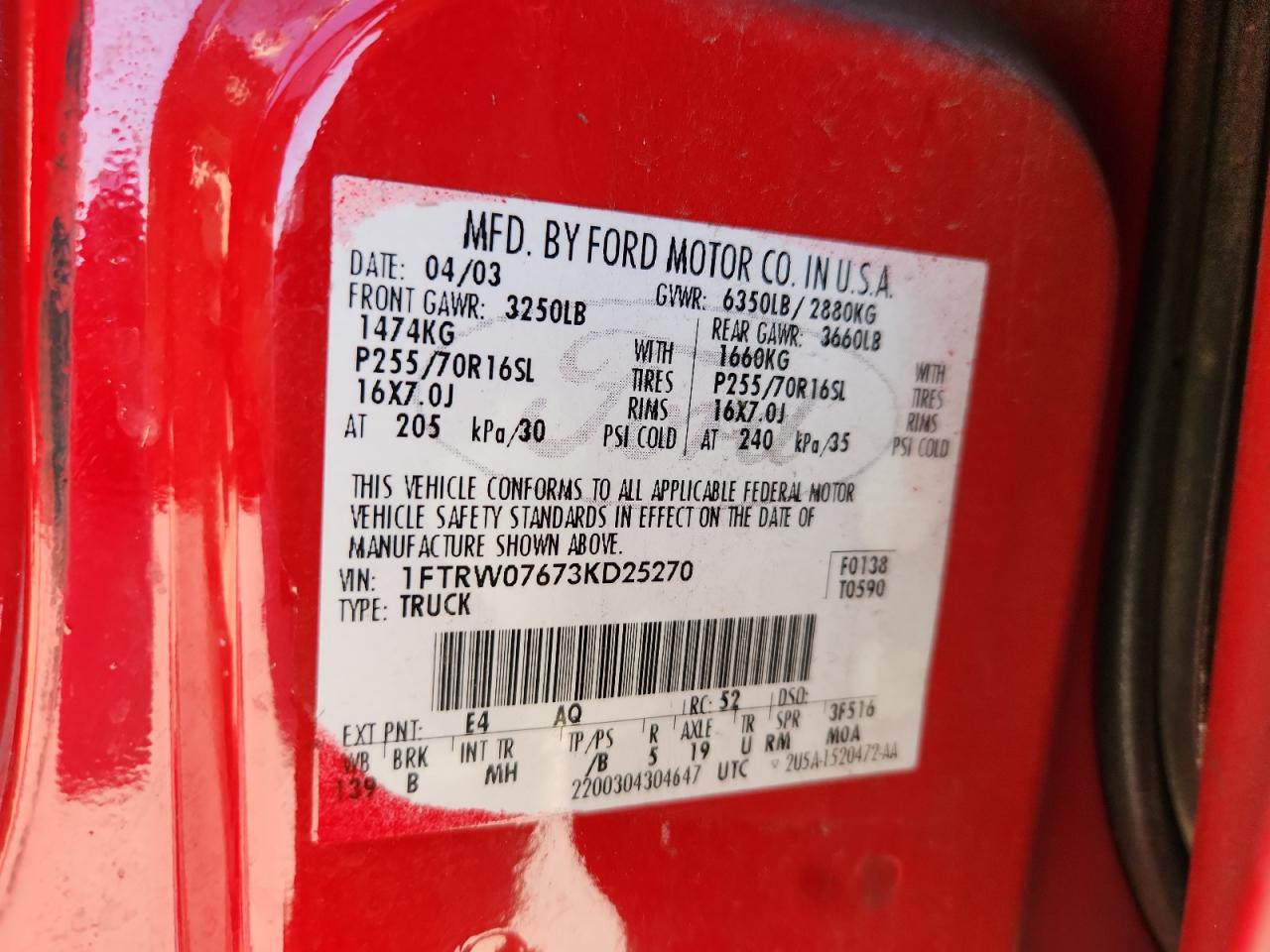 2003 Ford F150 Supercrew VIN: 1FTRW07673KD25270 Lot: 87247365