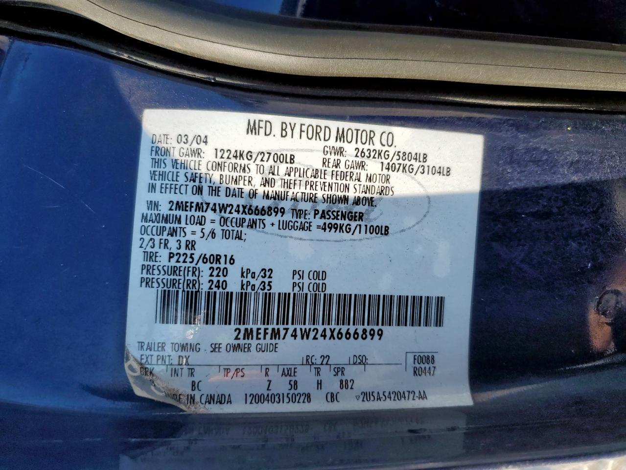 2004 Mercury Grand Marquis Gs VIN: 2MEFM74W24X666899 Lot: 86067405