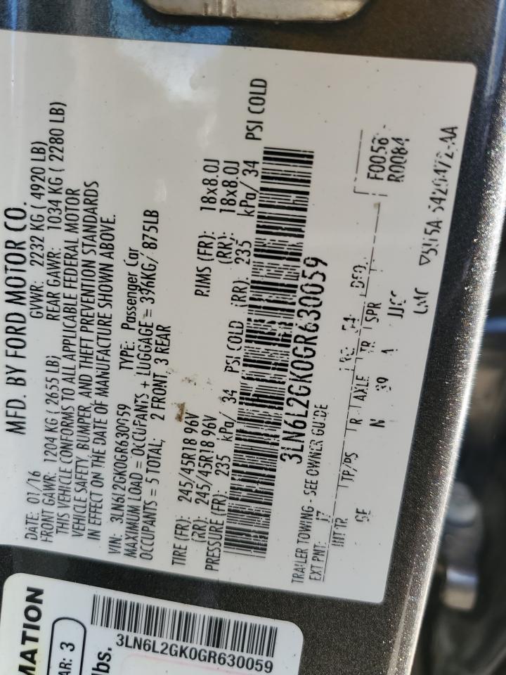 2016 Lincoln Mkz VIN: 3LN6L2GK0GR630059 Lot: 85168085