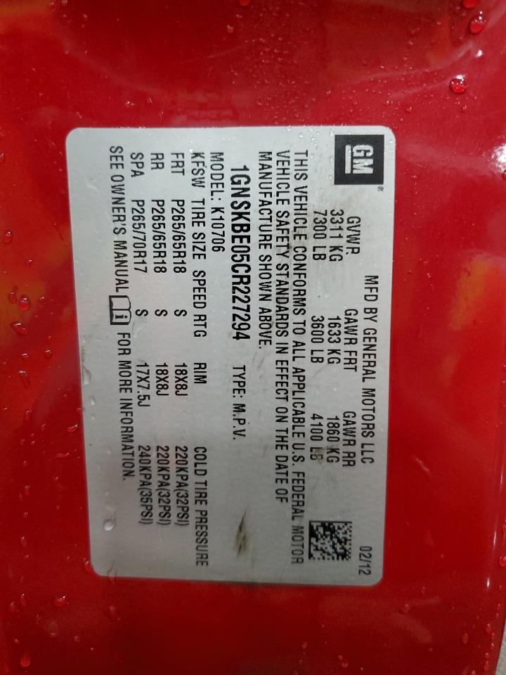 2012 Chevrolet Tahoe K1500 Lt VIN: 1GNSKBE05CR227294 Lot: 86146215