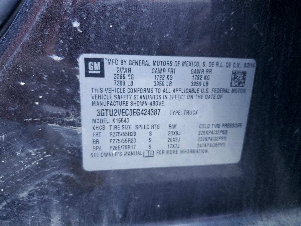 2014 GMC Sierra K1500 Slt VIN: 3GTU2VEC0EG424387 Lot: 86148655