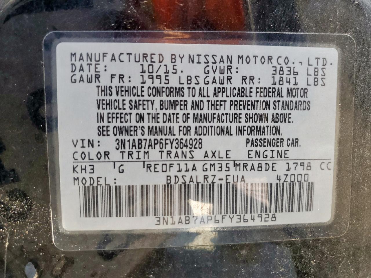 2015 Nissan Sentra S VIN: 3N1AB7AP6FY364928 Lot: 85723325