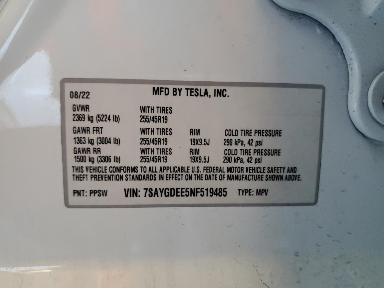 2022 Tesla Model Y VIN: 7SAYGDEE5NF519485 Lot: 82727775