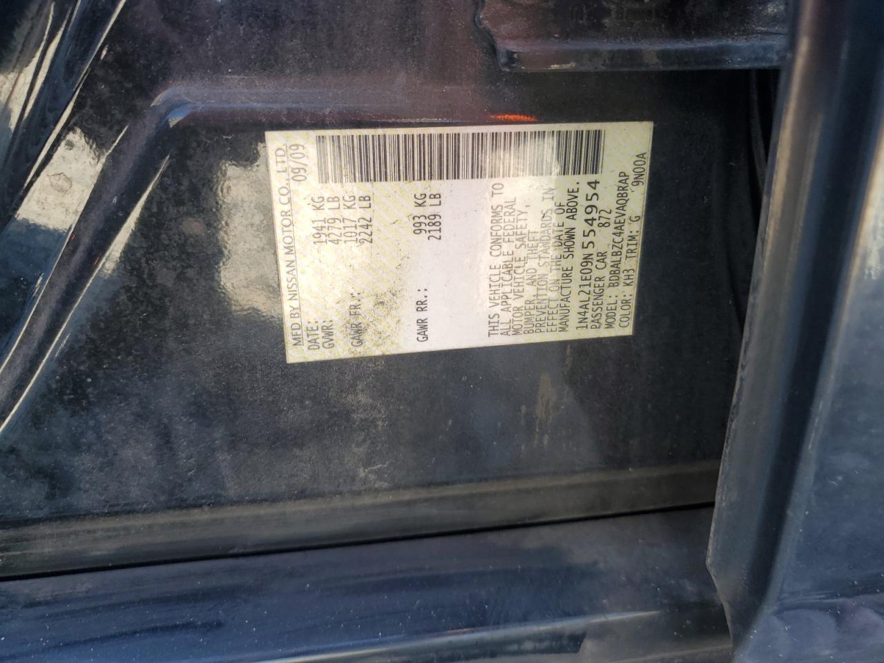 2009 Nissan Altima 2.5 VIN: 1N4AL21E09N554954 Lot: 86823765