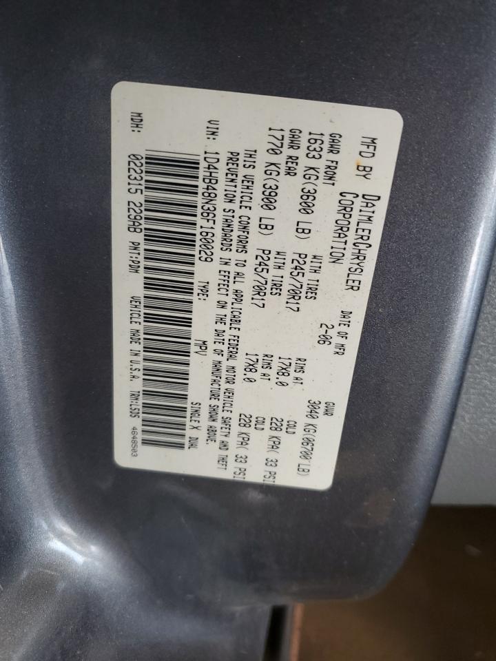 2006 Dodge Durango Slt VIN: 1D4HB48N36F160029 Lot: 85166655