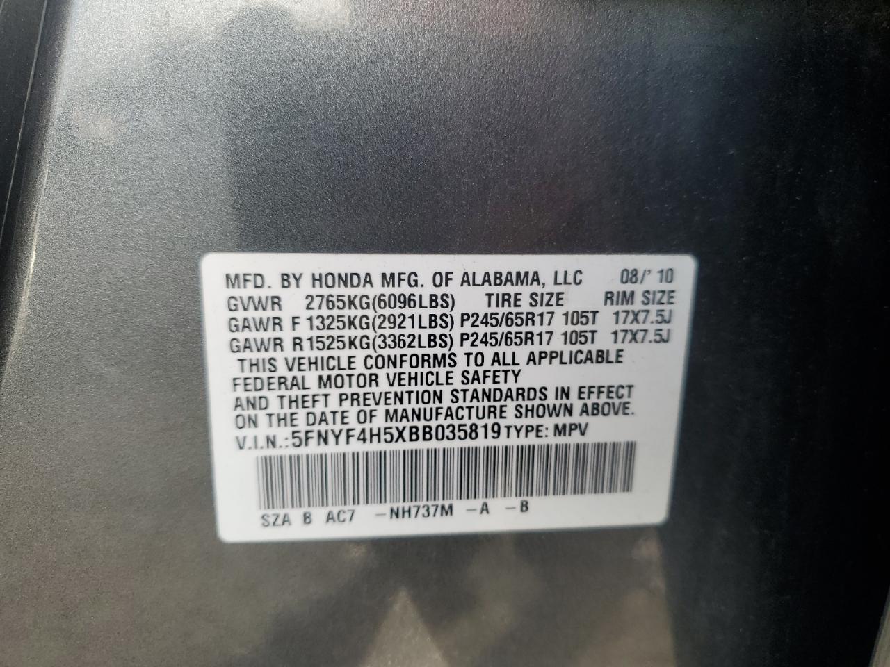 2011 Honda Pilot Exl VIN: 5FNYF4H5XBB035819 Lot: 82225635