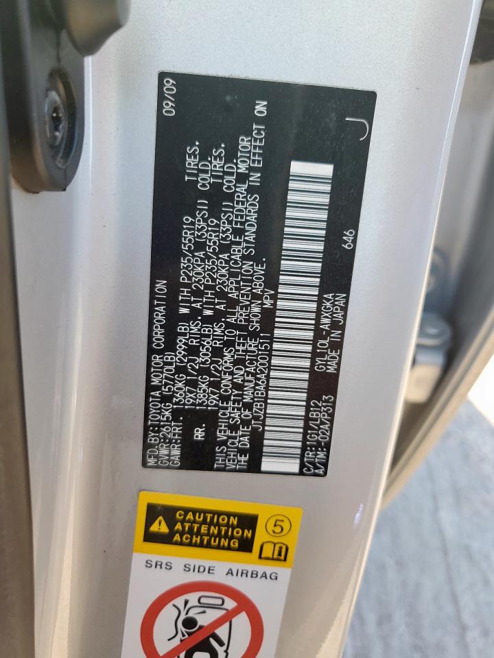 2010 Lexus Rx 450H VIN: JTJZB1BA6A2001511 Lot: 85930425