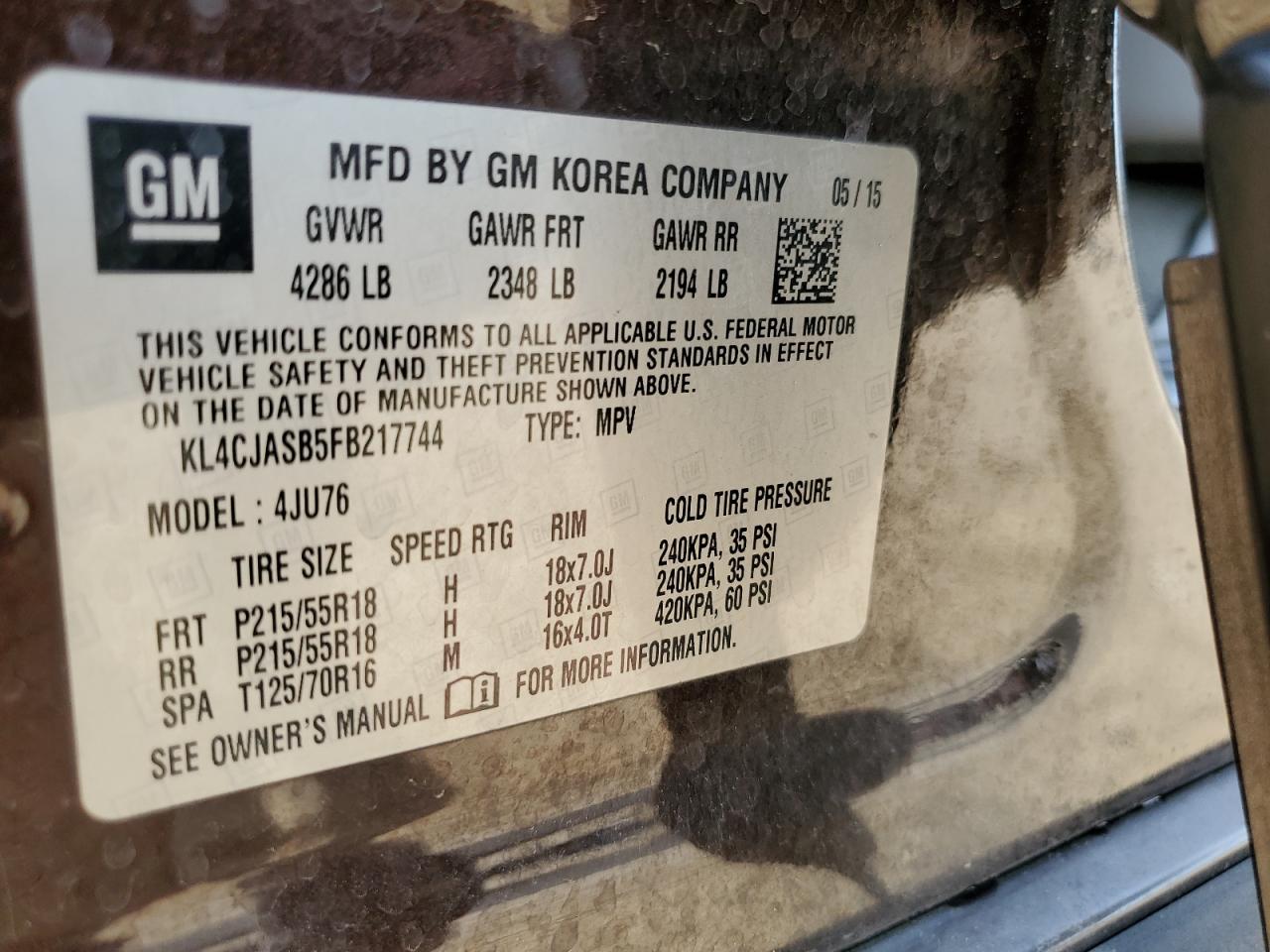 2015 Buick Encore VIN: KL4CJASB5FB217744 Lot: 84704885