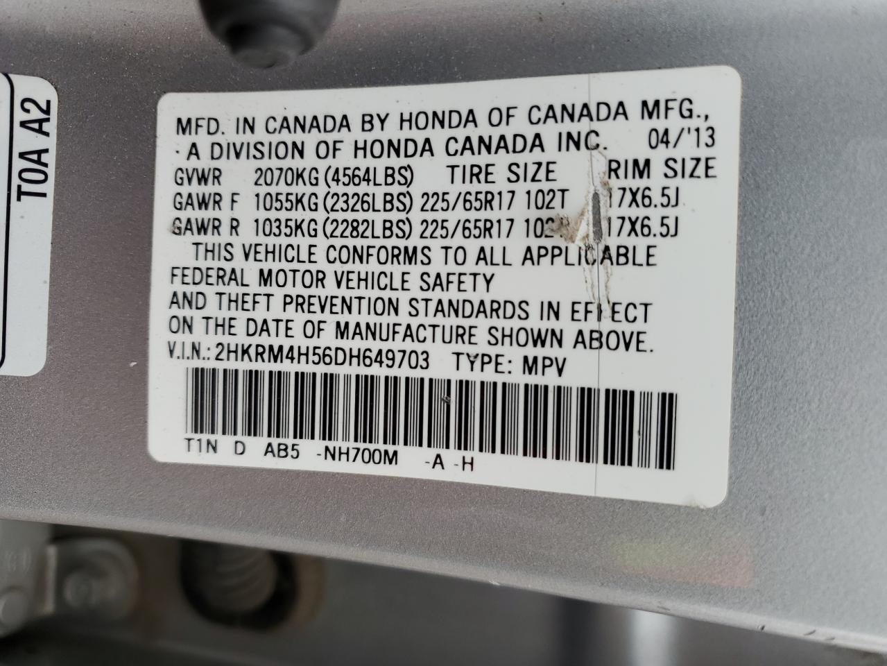 2013 Honda Cr-V Ex VIN: 2HKRM4H56DH649703 Lot: 80735695