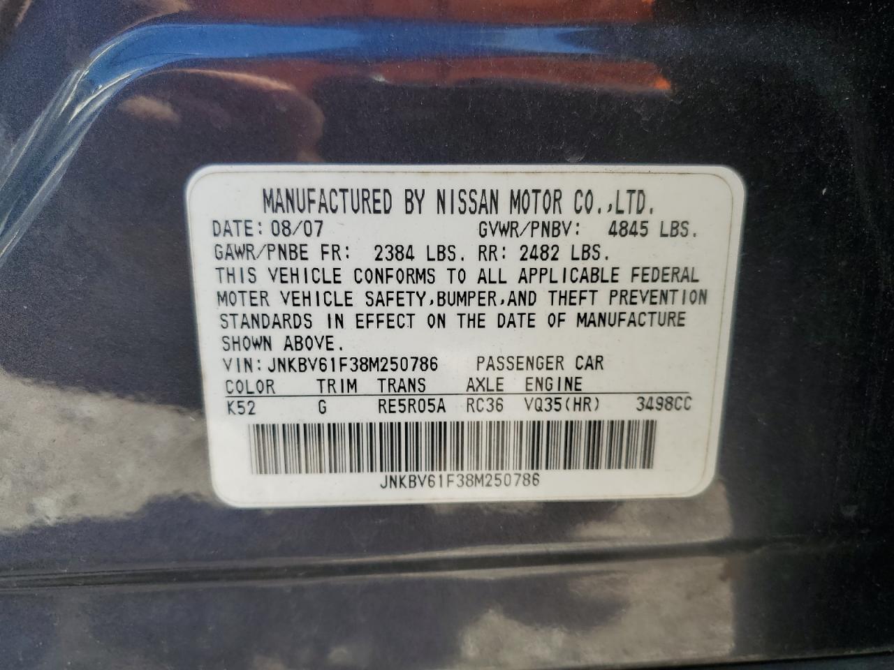 2008 Infiniti G35 VIN: JNKBV61F38M250786 Lot: 90804675