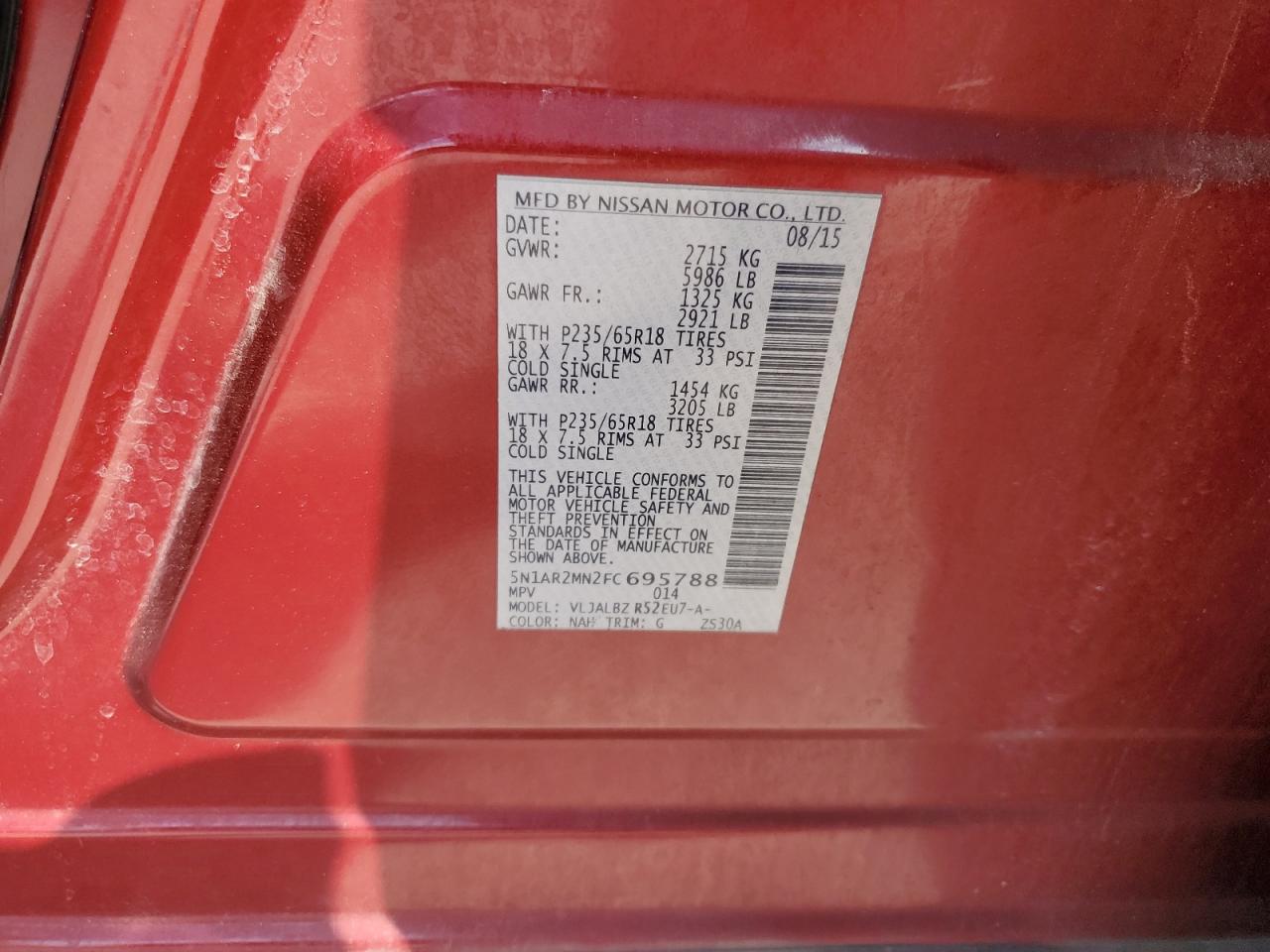 2015 Nissan Pathfinder S VIN: 5N1AR2MN6FC691095 Lot: 86075935