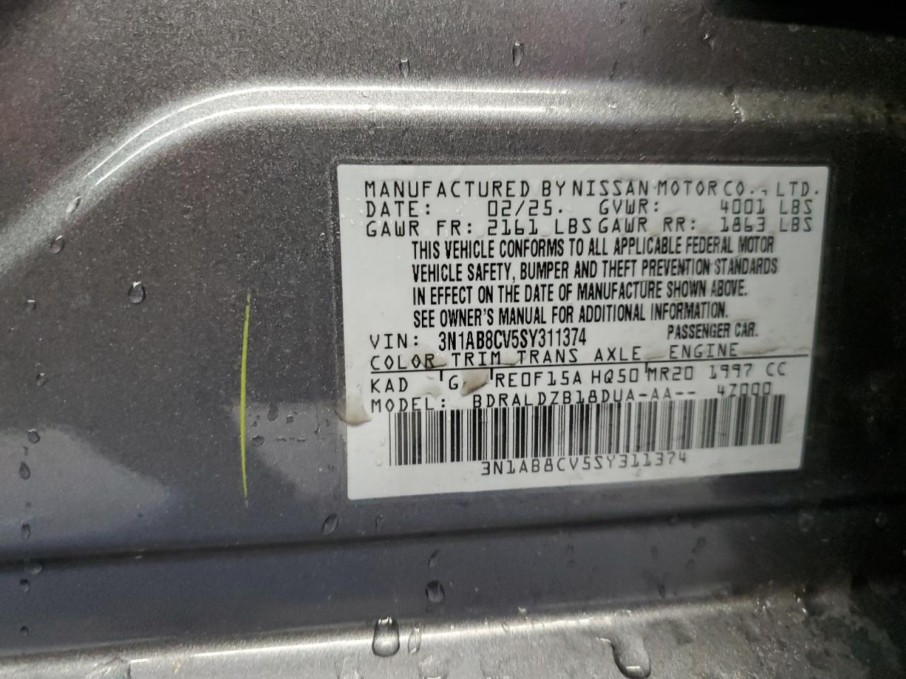 2025 Nissan Sentra Sv VIN: 3N1AB8CV5SY311374 Lot: 85921155