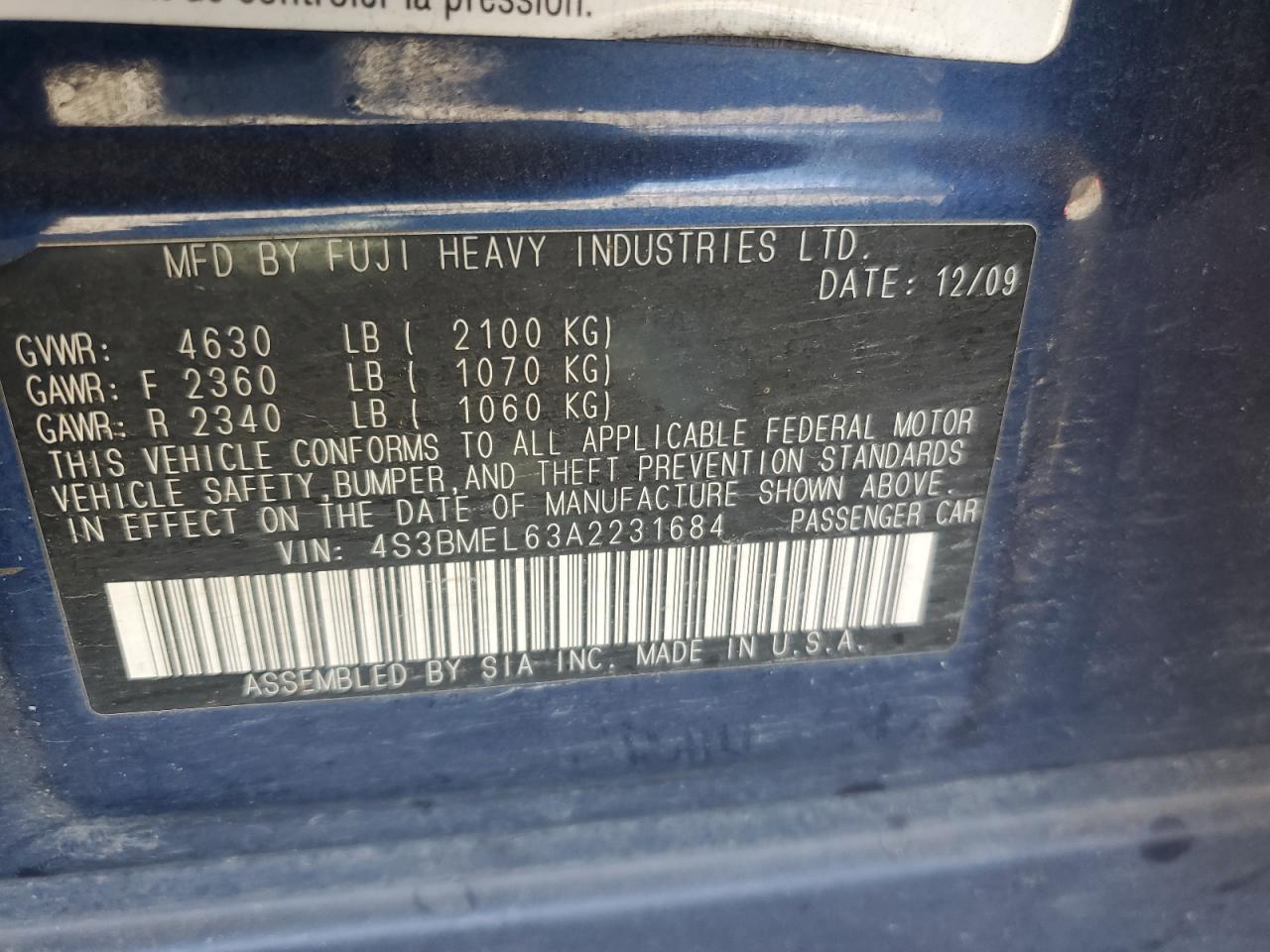 2010 Subaru Legacy 3.6R Limited VIN: 4S3BMEL63A2231684 Lot: 82677025