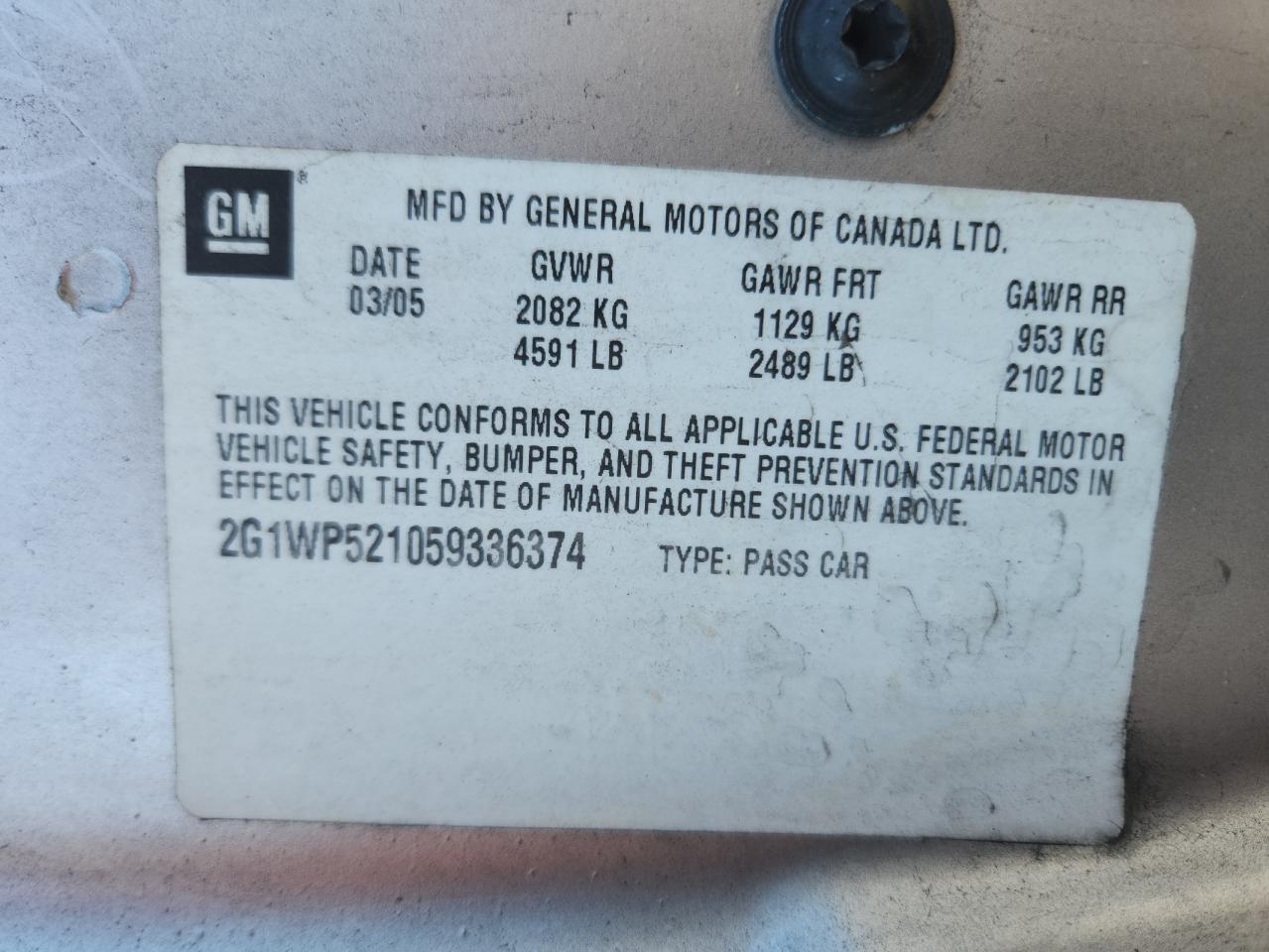 2005 Chevrolet Impala Ss VIN: 2G1WP521059336374 Lot: 85912745
