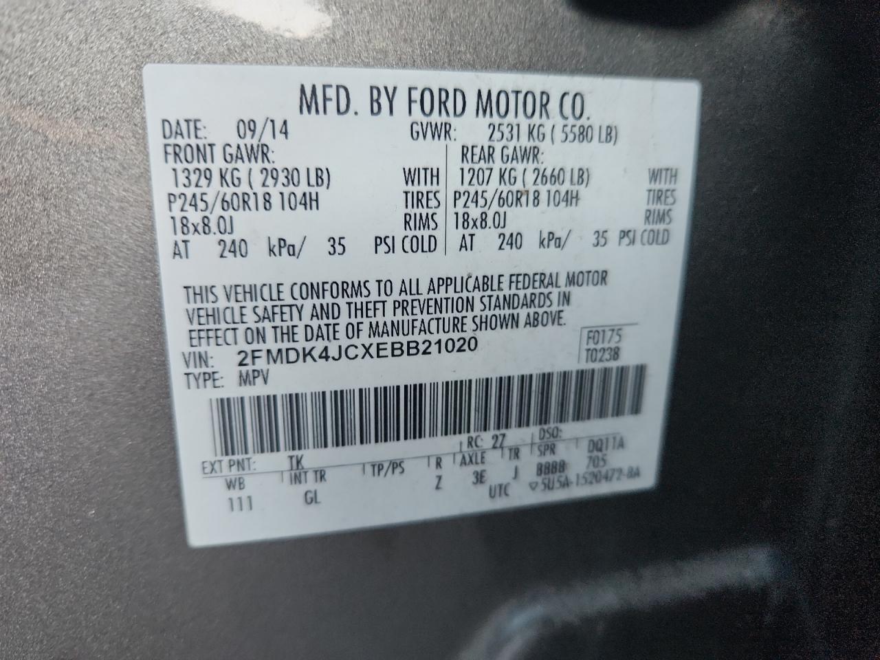 2014 Ford Edge Sel VIN: 2FMDK4JCXEBB21020 Lot: 90319885