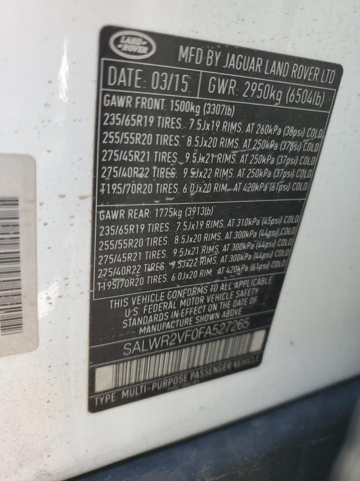 2015 Land Rover Range Rover Sport Hse VIN: SALWR2VF0FA527265 Lot: 86652965