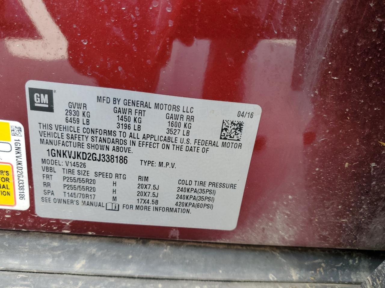 2016 Chevrolet Traverse Ltz VIN: 1GNKVJKD2GJ338186 Lot: 84639185