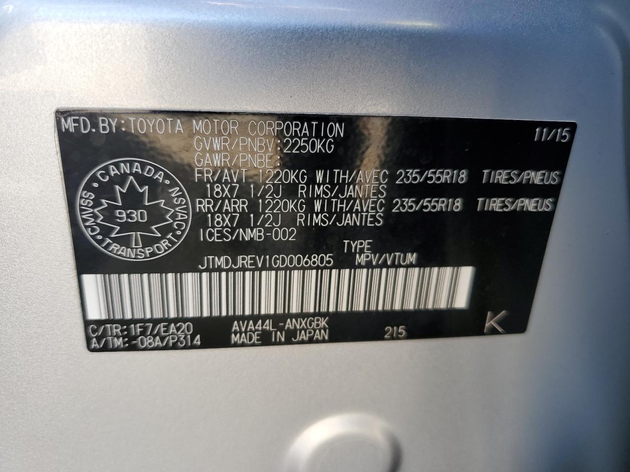 2016 Toyota Rav4 Hv Limited VIN: JTMDJREV1GD006805 Lot: 85190405