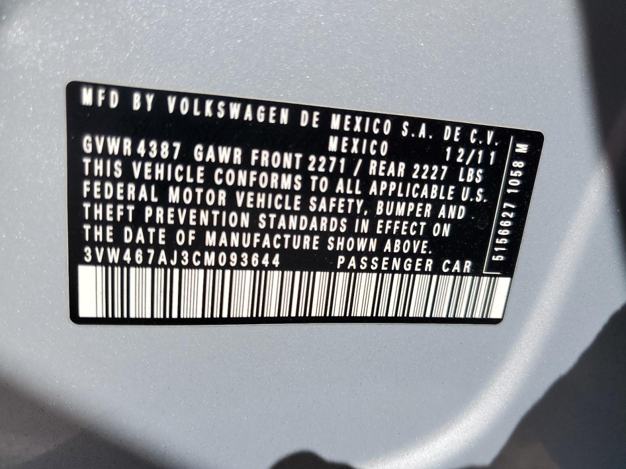 2012 Volkswagen Jetta Gli VIN: 3VW467AJ3CM093644 Lot: 83857115