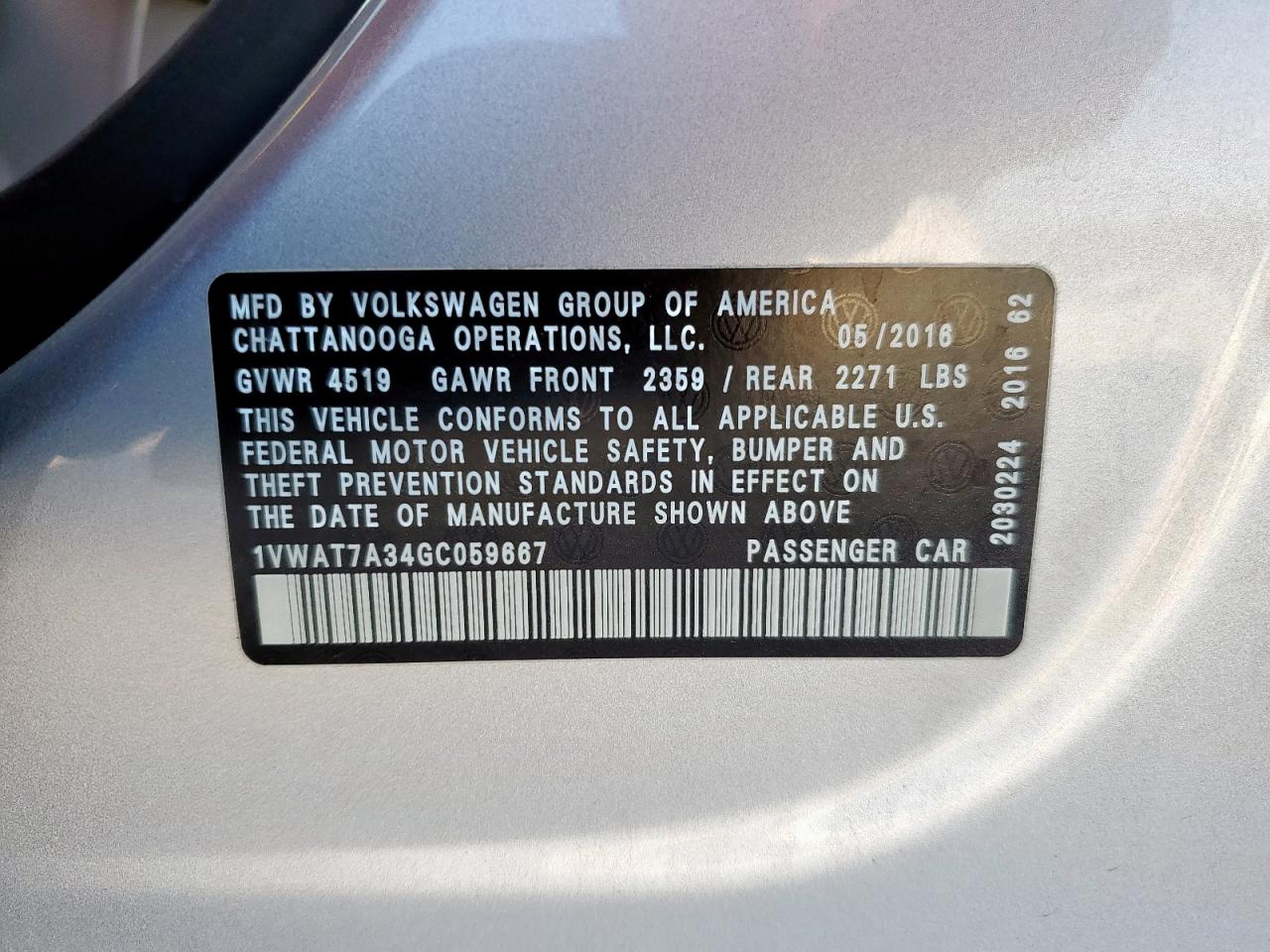 2016 Volkswagen Passat S VIN: 1VWAT7A34GC059667 Lot: 86500355