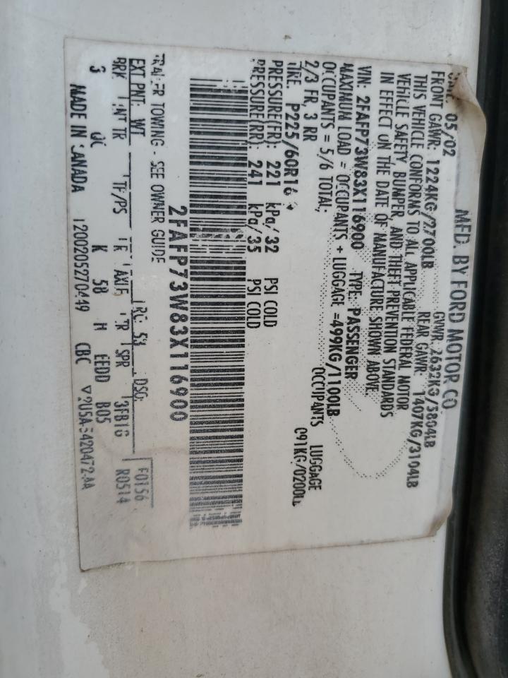 2003 Ford Crown Victoria VIN: 2FAFP73W83X116900 Lot: 85554325